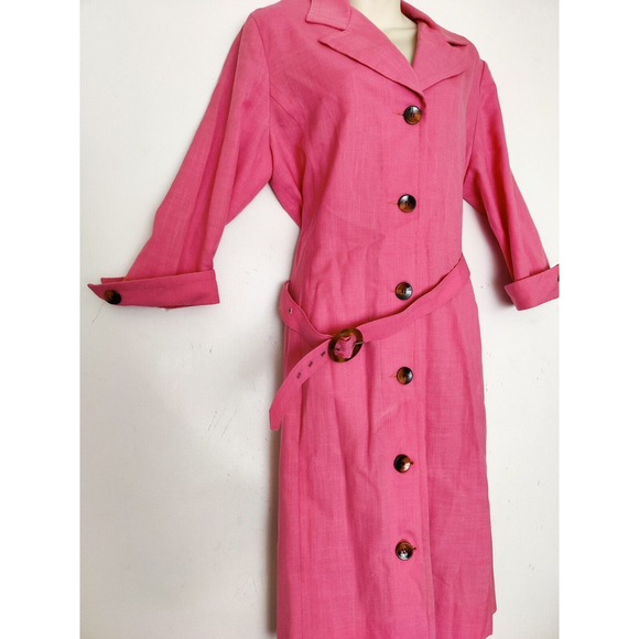 Vintage HENRY LEE 1970's LINEN SHIRT DRESS Belted Buttons Hot Pink SZ Med - Picture 5 of 8